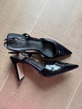 Franco Sarto Black Patent Pointed Slingback Heels